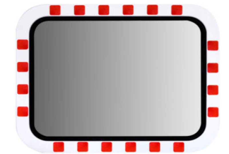 Traffic mirror in stainless steel with red/white frame 800 x 1000 mm including fixations for 76 mm pole mounting
