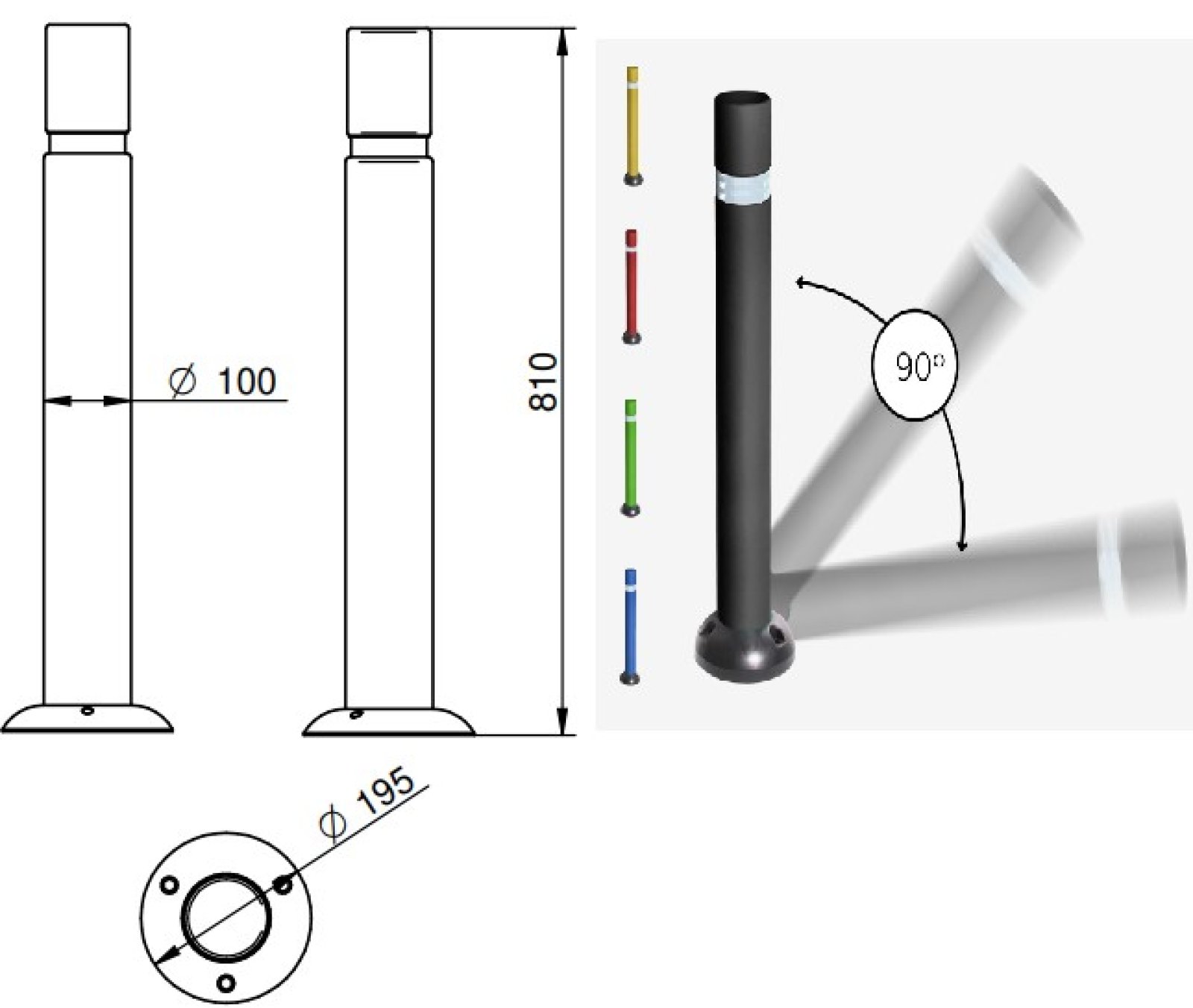 Flexibele paal Ø 100mm - H810 mm - groen - met voetplaat