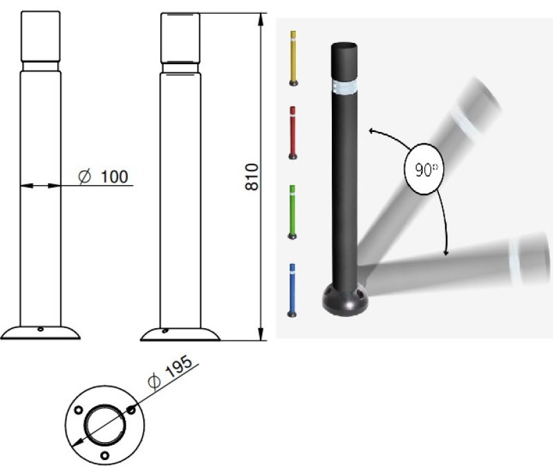 Flexibele paal Ø 100mm - H810 mm - rood - met voetplaat