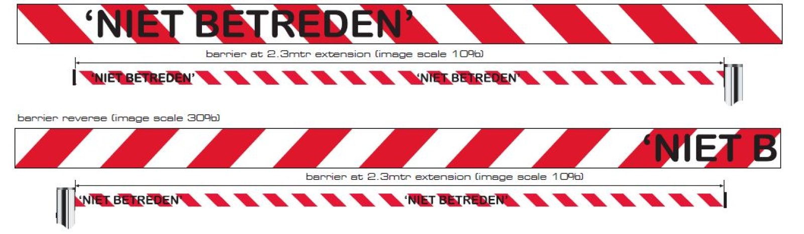 Wall unit with extensible ribbon 2,0 m red/white with black text 
